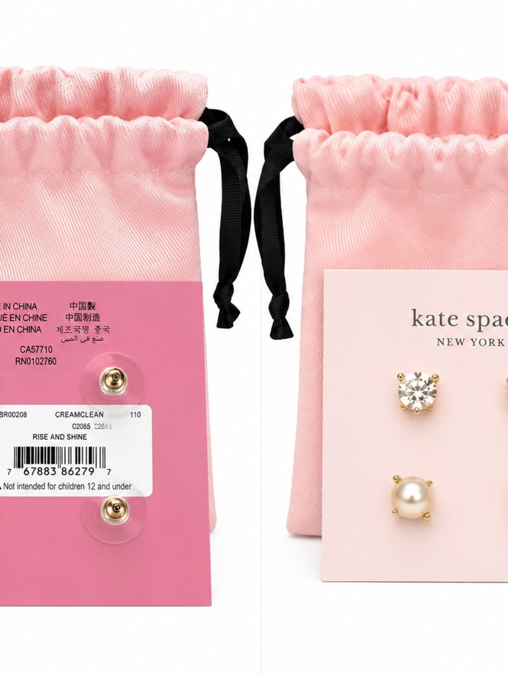 kate spade Gold-Tone Pearl and Clear Crystal Stud Earring Set with Pink Pouch